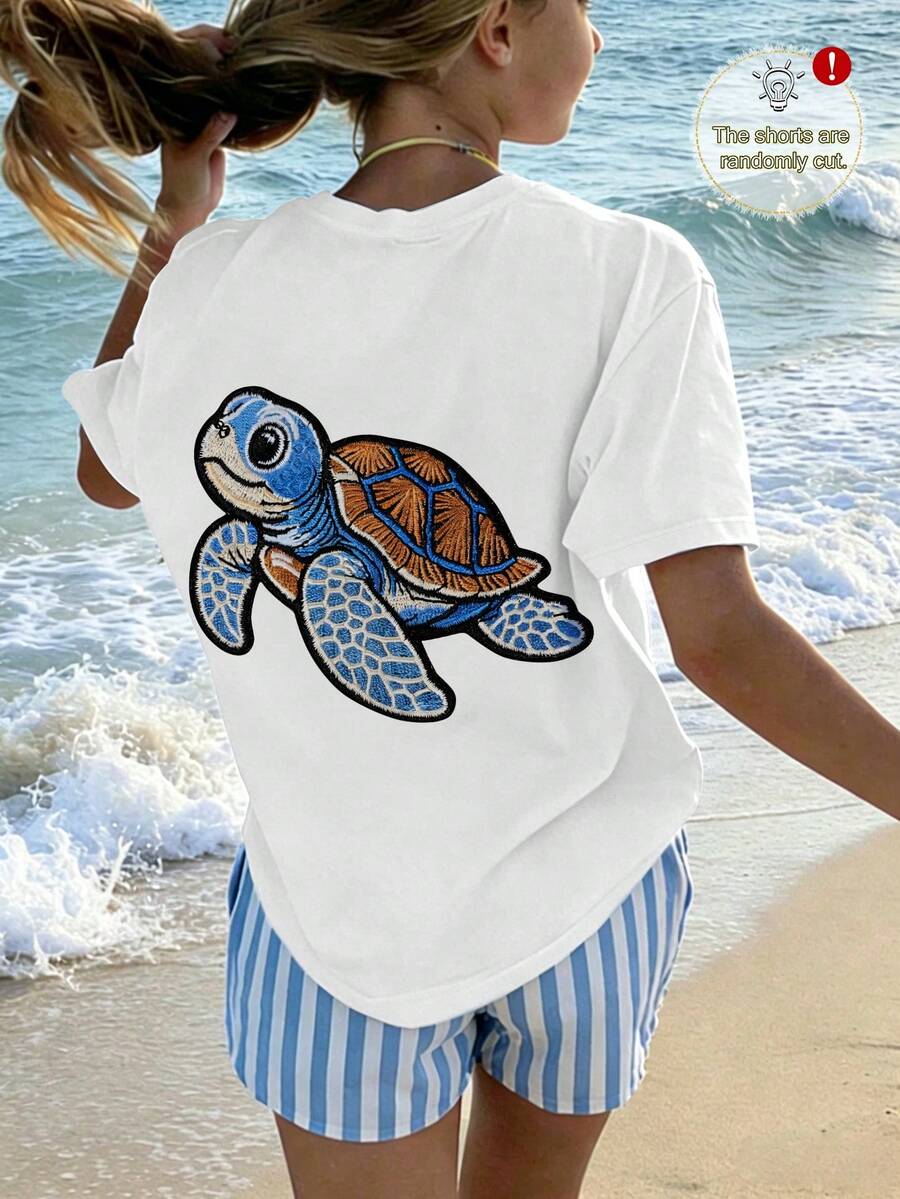 2pcs/Set Girls Summer Outfit, Includes Round Neck Short Sleeve T-Shirt And Blue & White Vertical Striped Shorts With Turtle Print - Multicolor - View 1
