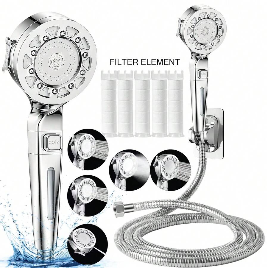 Tatukiko High Pressure Handheld Shower Head Set With 5 Filter Elements, 5 Spray Settings, One-Key Stop, Adjustable Wall Mount & Hose, Universal Fit, For Home Bathroom - Set Of 8 Pieces - View 1