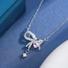 1件不鏽鋼鍊條鋯石蝴蝶結吊墜項鍊，女款時尚珠寶，禮品飾品 - 款式E - 查看 2