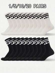 20 Pairs Unisex Casual Patterned Breathable Mid-Calf Socks, Fashionable Versatile Sweat-Absorbent Socks For Couples - Black and White - View 10