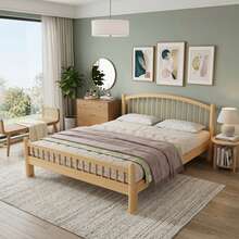 Letto in legno massello, design semplice e minimalista, testiera classica a doghe, robusta base a doghe, letto singolo universale, colore naturale, 140 x 200 cm. - Beige + Colori naturali - Visualizzare 2