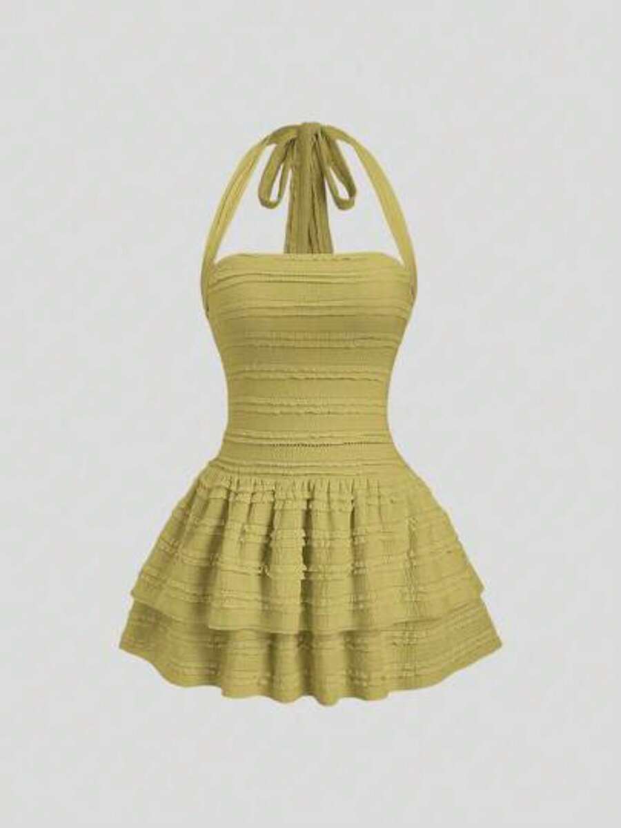 Nueva falda de cintura alta con textura y lazo, de unicolor y casual, adecuada para uso diario en primavera/verano - Verde - Ver 1