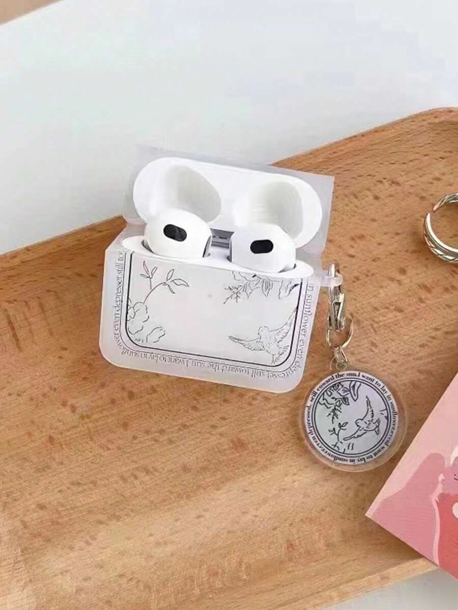 1Pc Vintage Line Drawing Floral & Swallow Clear Earbuds Case With Matching Acrylic Keychain & Metal Carabiner, Shockproof Protective Cover Compatible For AirPods2/1/3/Pro/Pro2, Portable For Airport Travel Daily Commute, Elegant Aesthetic Style Earphone Accessory - Multicolor - View 1