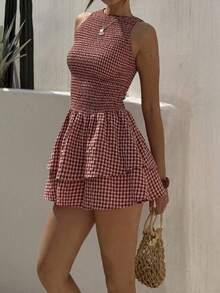 Vestido mini de mujer con ajuste ceñido, línea A, bajo con dobladillo, sin mangas, cuello de tripulación, con estampado de lunares rojos, estilo romá - Negro - Ver 8