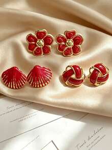 3 Pairs Elegant Burgundy Enamel Flower Shell Stud Earrings, Hypoallergenic Skin-Friendly Sweat-Resistant 304 Stainless Steel, Suitable For Bridesmaid Wedding Gifts, Daily Wear, Christmas Party, Wedding Ceremony, Commute, Date, Holiday Gift, Halloween Costume, Back To School, Cyber Monday, Date, Banquet Party, Thanksgiving - Multicolor - View 1