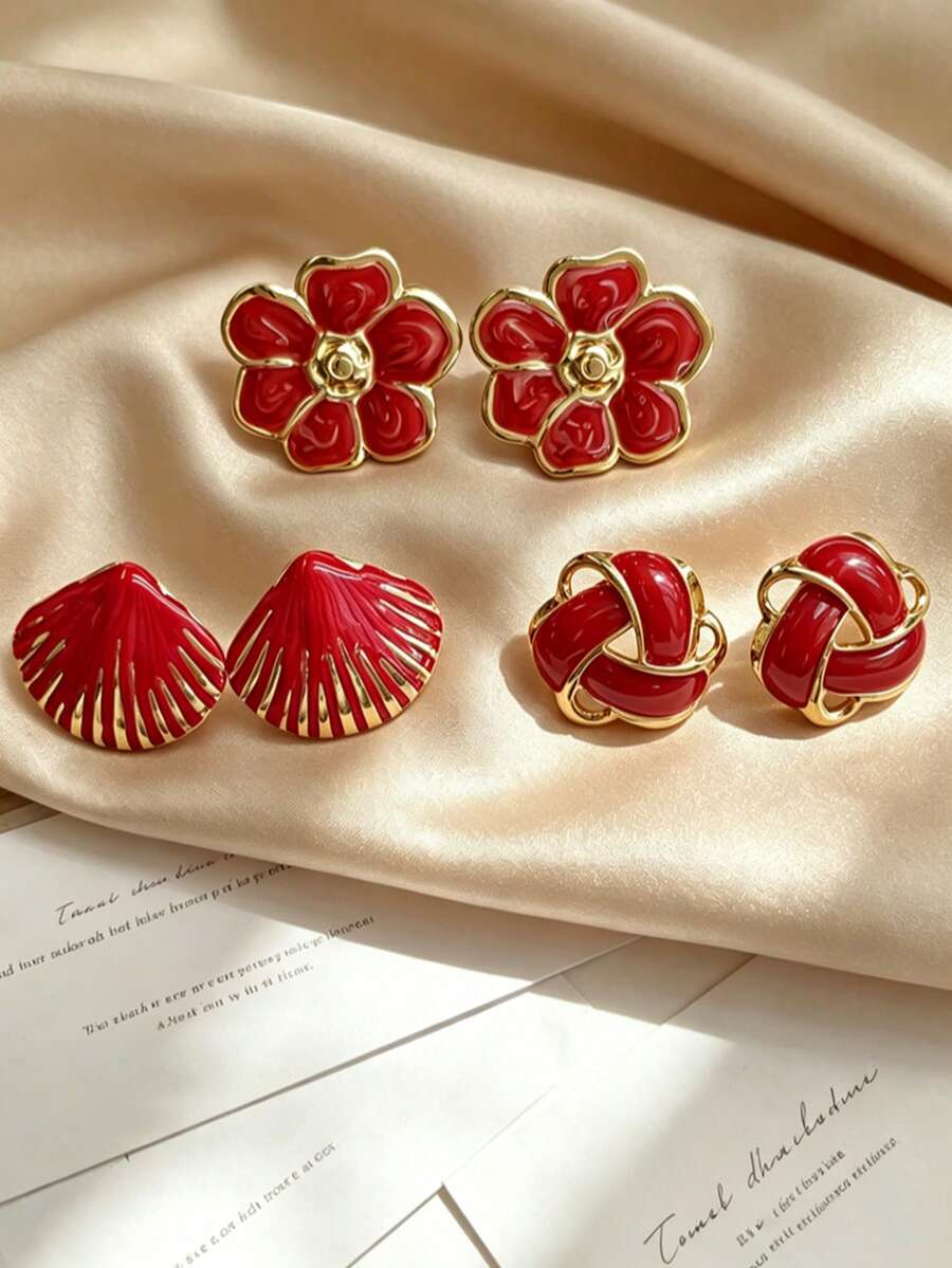 3 Pairs Elegant Burgundy Enamel Flower Shell Stud Earrings, Hypoallergenic Skin-Friendly Sweat-Resistant 304 Stainless Steel, Suitable For Bridesmaid Wedding Gifts, Daily Wear, Christmas Party, Wedding Ceremony, Commute, Date, Holiday Gift, Halloween Costume, Back To School, Cyber Monday, Date, Banquet Party, Thanksgiving - Multicolor - View 1