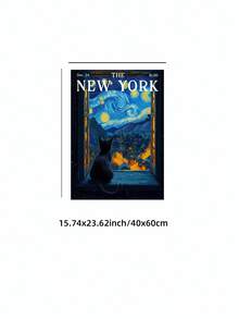 1pc Frameless Van Gogh Starry Night Cat New York Magazine Wall Art - Dreamy Window Print Canvas Poster, Hallway Above Door Decor For Bedroom, Apartment, Dorm, Living Room, Room Decor Bedroom, Deko,Prints For Wall, Vintage Decor & Best Gift Choice - Cartoon - View 12
