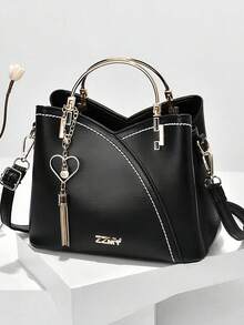 Casual Business Metal Decor Handbag For Women Stylish Crossbody Bag With Tassel Charm Top Handle Shoulder Tote Elegant Black Purse  For Travel Work - 彩色 - 查看 14