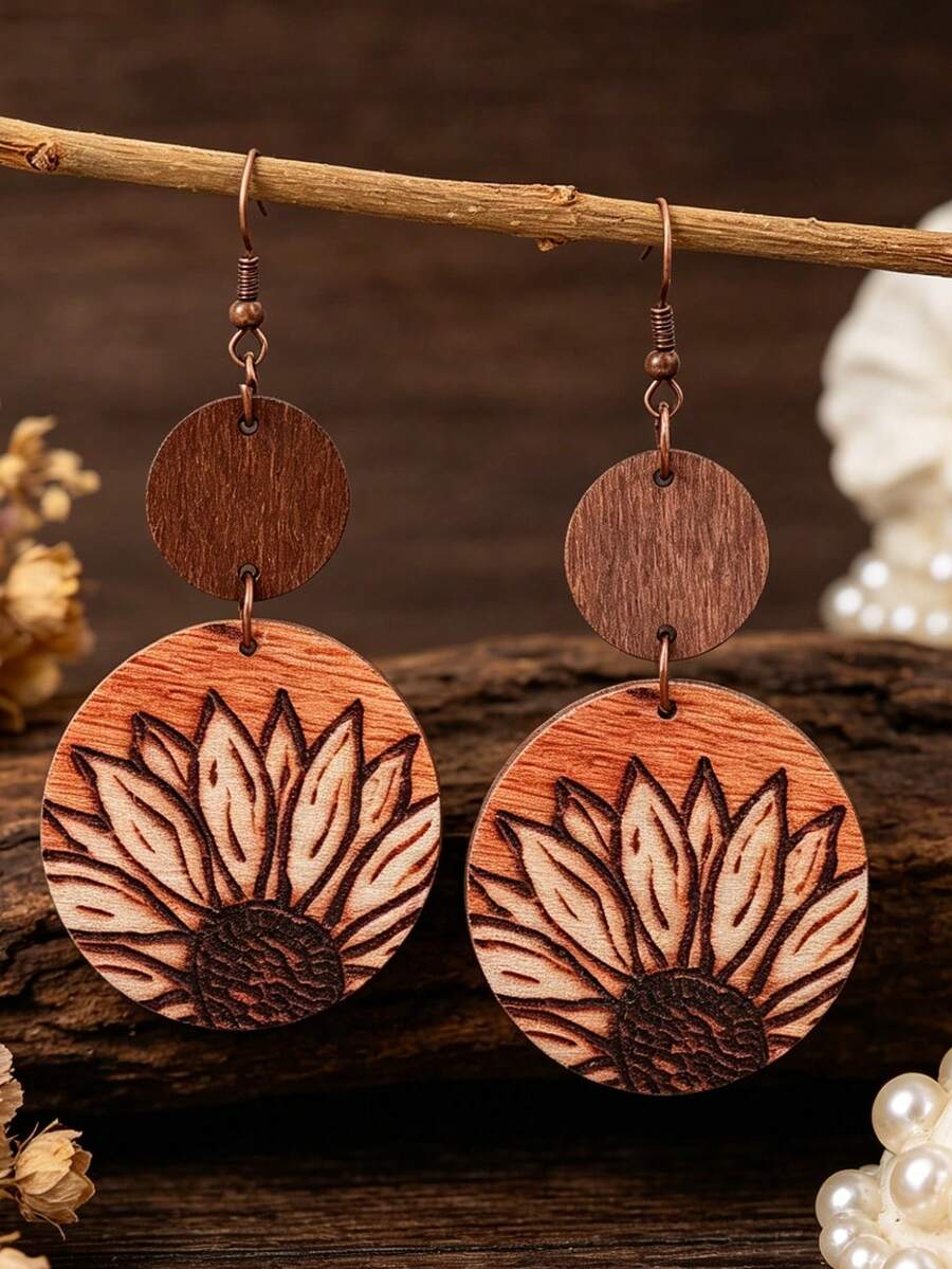 1 Pair Rustic Dark Brown Wooden Round Slices Sunflower Laser Engraved Large Round Wooden Earrings - Dark Brown - View 1