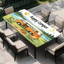 1 pieza Mantel elástico para exteriores con patrón de camping y picnic, esencial para camping y patio al aire libre, mantel rectangular con diseño de caravana y naturaleza, mantel duradero, cubierta para mesa de picnic - B - Ver 16