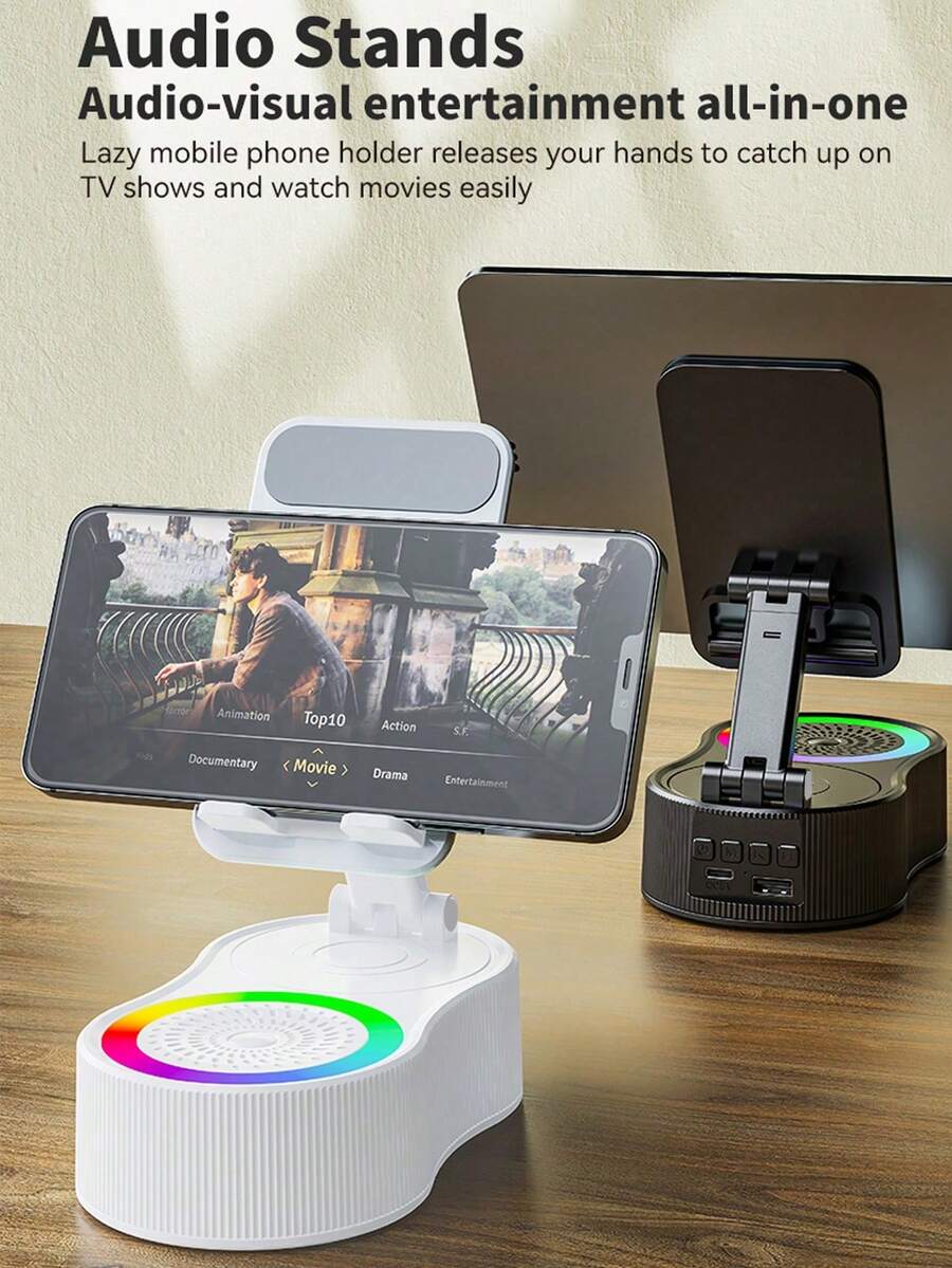 360° Rotating Adjustable Foldable Phone/Tablet Stand + Portable Power Bank + Mini Ambient Light, Multifunction Bluetooth Speaker - Perfect Slouchy Gadget