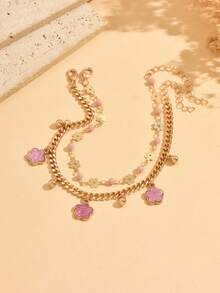 2pcs/Set Sweet Luxury Double Layered Anklet, Pink Clover With Gold Flower Chain, Women's Foot Jewelry, Suitable For Commuting, Dating, Vacation, Beach And Various Occasions - Multicolor - View 3