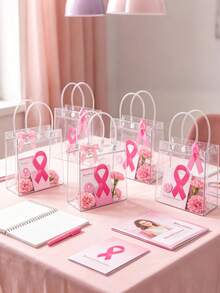 6pcs Breast Cancer Awareness Gift Bags With Pink Ribbon Pins&Bow Pink Ribbon Party Transparent PVC Gift Wrapping Bags With Handle For Breast Cancer Awareness Month Charity Party Favors - Clear - View 8