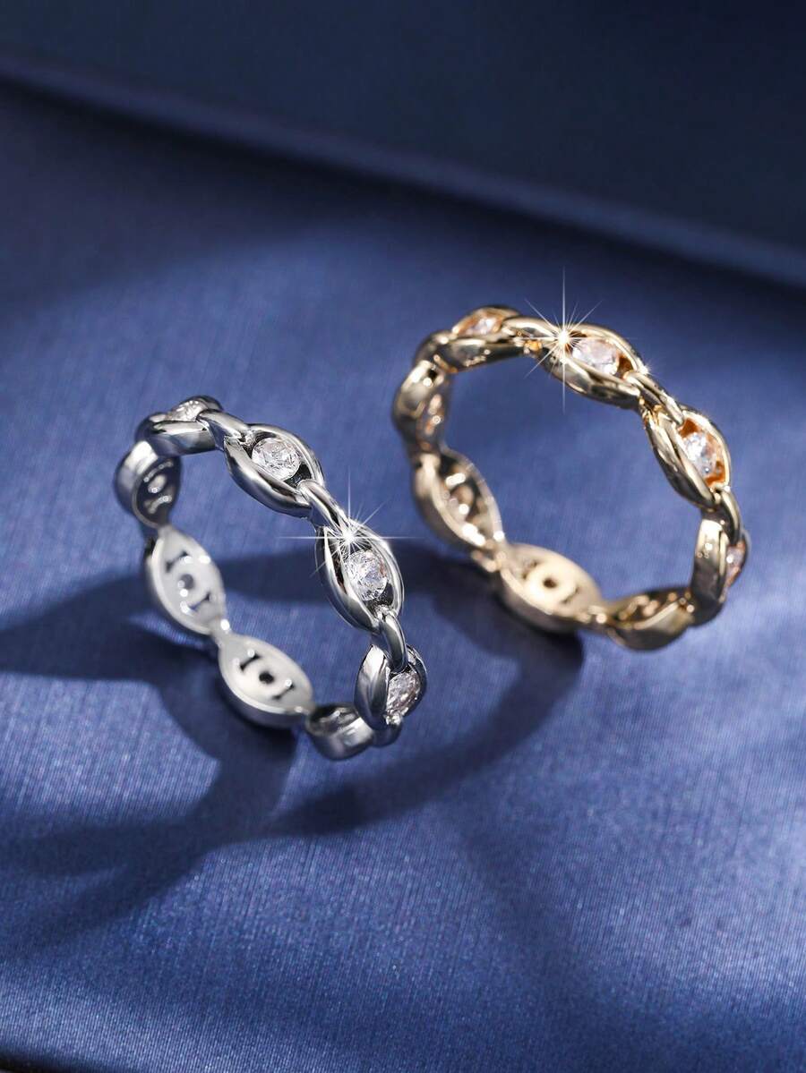 1pc Interlocking Chain Zirconia Inlaid Ring, Niche Design Elegant Elegant Finger Ring, Versatile Daily Commute Accessory - JZ23969 - View 1