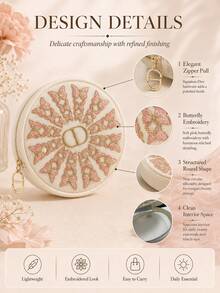 Dior Butterfly Embroidered Round Makeup Bag 15cm, Lightweight Mesh Material, Exquisite Pink Butterfly Embroidery, Suitable For Storing Small Items, Perfect For Personal Use Or Gifting - Pink - View 6