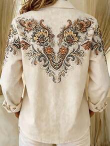 Vintage Western Print Women's Plus Size Lightweight Long Sleeve Button-Down Shirt - Apricot - View 3