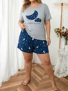 Plus Size Simple Cartoon Print Short Sleeve Top & Star Print Shorts Women's Loungewear 2pcs - Grey - View 1