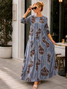 Plus Size Printed Maxi Dress for Women Long Sleeve Button Down Bohemian Casual Dress with Pockets - 藍色 - 查看 5