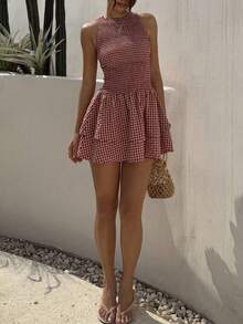 Vestido mini de mujer con ajuste ceñido, línea A, bajo con dobladillo, sin mangas, cuello de tripulación, con estampado de lunares rojos, estilo romá - Negro - Ver 6