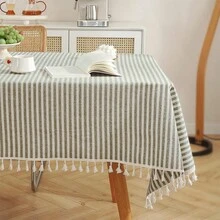 1 PC Striped Rectangular Tassel Tablecloth, Japanese INS Style Minimalist Round Table Atmosphere Dining Tablecloth, Washable Dustproof And Stain-Resistant Tablecloth, Suitable For Dining Table, Bar, Coffee Table, Outdoor Picnic Tablecloth, Party Decoration Tablecloth - Multicolor - View 2