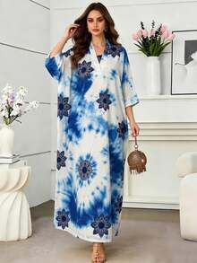 Middle Eastern Muslim Elegant Batik Notched Neck Abaya Dress For Women - Blue - View 3