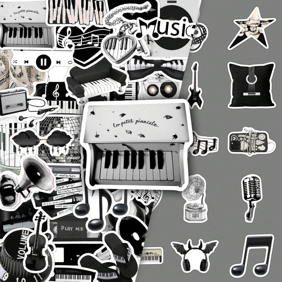 50 pcs Stiker Dekoratif DIY untuk Dinding & Buku Catatan Motif Elemen Not Instrumen Musik Hitam & Putih Gaya Ins Artistik Segar - 50 foto bertema musik hitam putih - View 1