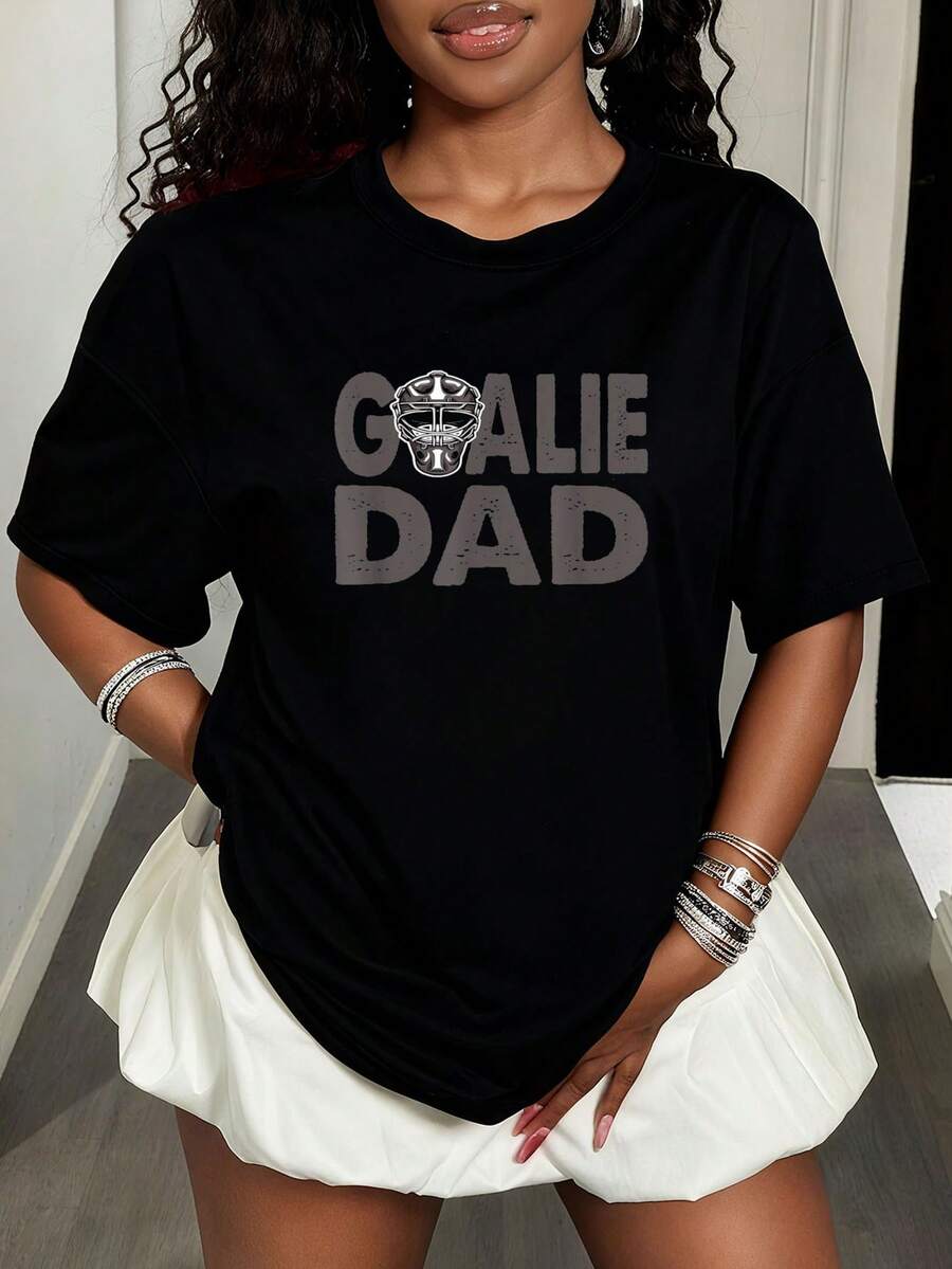 Eishockey-Torwart Bekleidung Ice Hockey Goalkeeper Dad T-Shirt Women's Fashion Casual Graphic Tees - Daily Wear T-Shirt Tops - 黑色 - 查看 1
