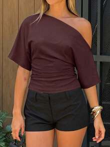 Vaiaye Women's Loose Y2K Style Round Neck Casual T-Shirt, Solid Color Minimalist Off-Shoulder Fitted Top, Spring/Summer Short Sleeve T-Shirt Brown - Brown - View 11