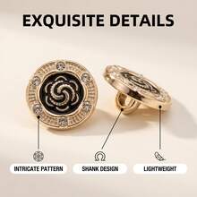 15 Stück/1,8 cm modische personalisierte minimalistische vielseitige runde schwarze & goldene Strass-Kunststoffknöpfe, luxuriöse goldene Blumen-Geometrie-Muster-Knöpfe, europäischer & amerikanischer Stil hochwertig vintage elegant vielseitig Strass-goldrandige Knöpfe, hochwertige DIY-Nähknöpfe - 15 Stück/1,8 cm Vintage-Blumen-Strassknöpfe - Übersicht 6