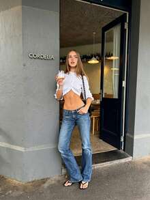 Women's Spring/Summer French Style White Ruffle Trim Stand Collar Puff Mid-Sleeve Ruched Waist Cropped Long Sleeve Blouse, Suitable For Outdoor, Vacation, Date, Daily, Party And Other Occasions - White - View 4