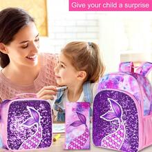 3 Pieces Girls Purple Mermaid Tail Scale Print Reversible Sequin Material Adjustable Straps Cute Style Backpack Set For Back-To-School & Daily Travel - Fish Tail - View 3