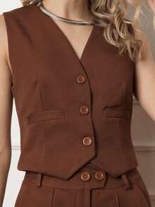 Elegant Tailored Vest And Trousers Set - Formal/Casual - 咖啡棕 - 查看 3