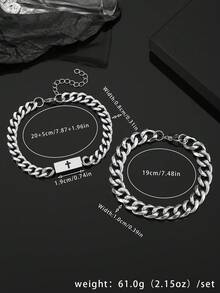 2 piezas/Set Colgante de Cruz Cuadrada de Acero Inoxidable con Grabado en la Parte Posterior, Conjunto de Pulsera de Cadena Plana Cepillada Exquisita para Hombres - Plateado - Ver 4