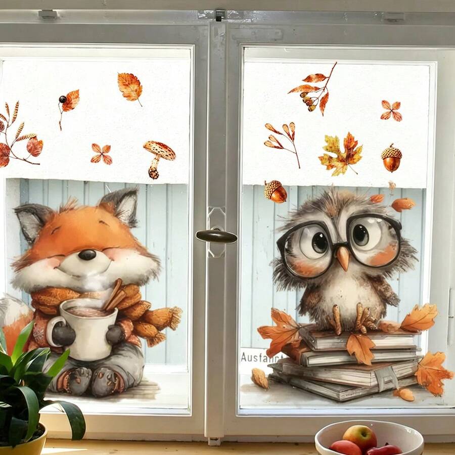 1pc Autumn Forest Animal Electrostatic Adhesive Window Decals, Featuring Maple Leaves And Pumpkins, Are Perfect For Kitchen, Living Room, And Thanksgiving Party Decorations.