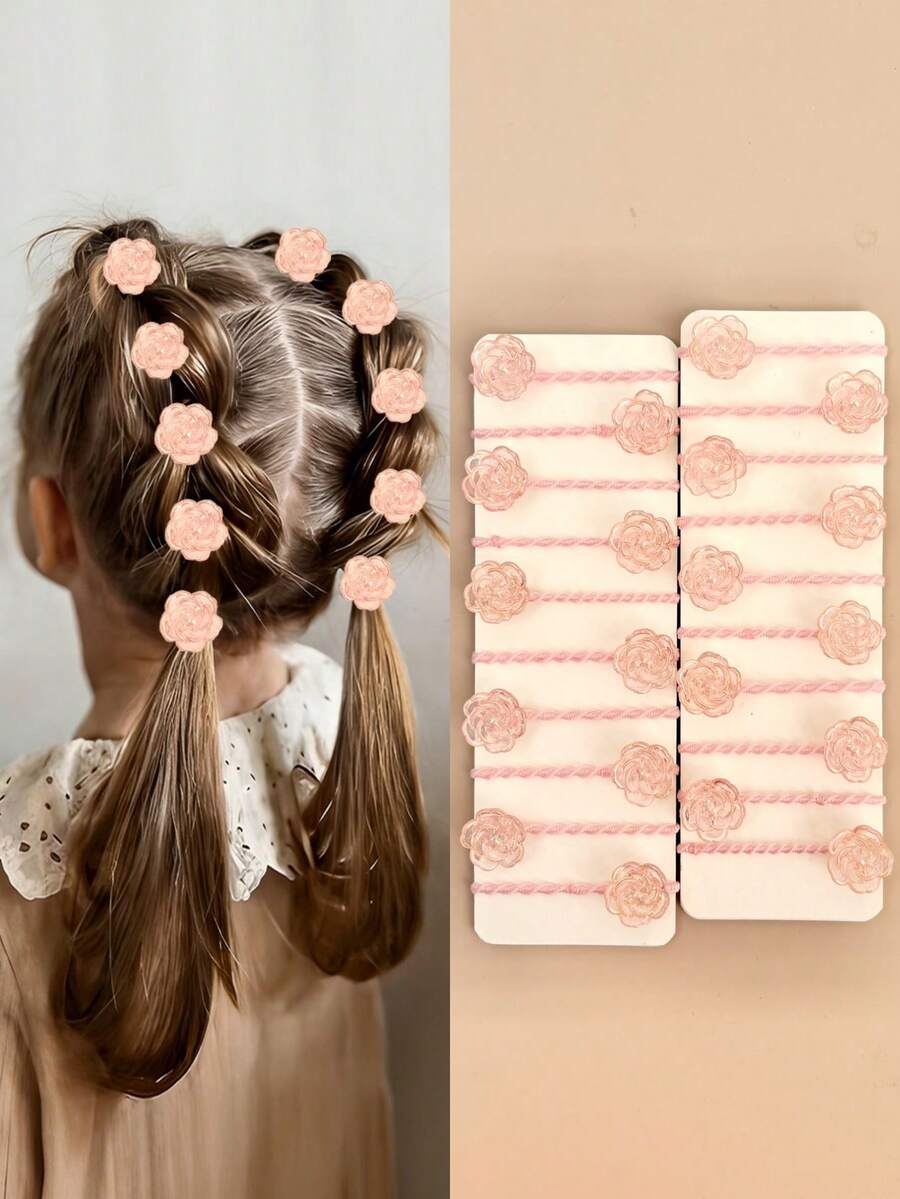 12pcs Random Light Pink Transparent Crystal Rose Hair Ties Set, Versatile Floral Hair Accessories For Girls, Daily And Holiday Wear - Multicolor - View 1