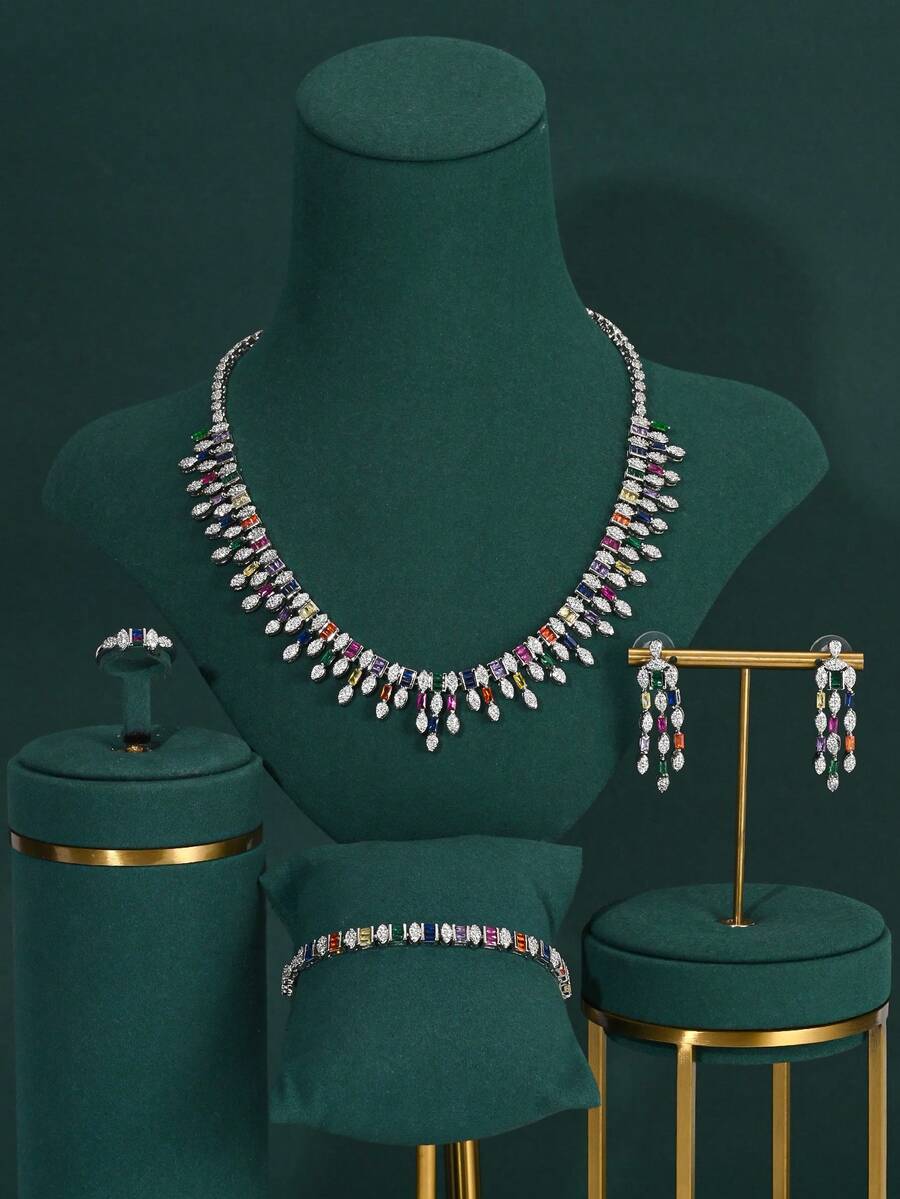 4pcs/Set Elegant Luxury Zirconia Inlaid Colorful Design Necklace, Earrings, Bracelet, Open Ring Jewelry Set. Women's Daily, Banquet, Wedding Jewelry. Valentine's Day Gift Light Luxury High-End Necklace Set - Colorful - View 1