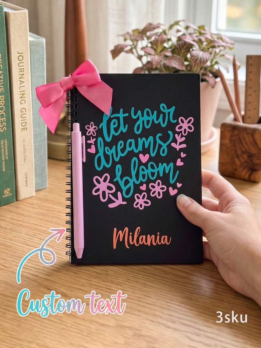 Custom Name Motivational Notebook And Pen Set,Cute Black Notebook And Pen Set With Pink Bow, Custom Name "Let Your Dreams Bloom" Journal,Thoughtful Gift For School - Multicolor - View 1