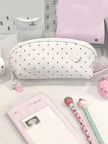 1pc Large Capacity Cute Polka Dot Shell Shaped Pencil Case, Suitable For Students, Cream White, Applicable For Classroom, Travel, Multi-Compartment - Multicolor - View 2