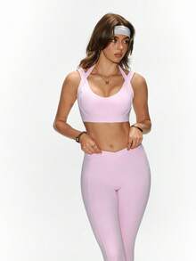 FWH Sexy Hot Girl Style Yoga OOTD, Backless Sports Bra + High Waist Flare Pants Women's Fashion Yoga 2 Pieces Set Pink - Pink - View 7