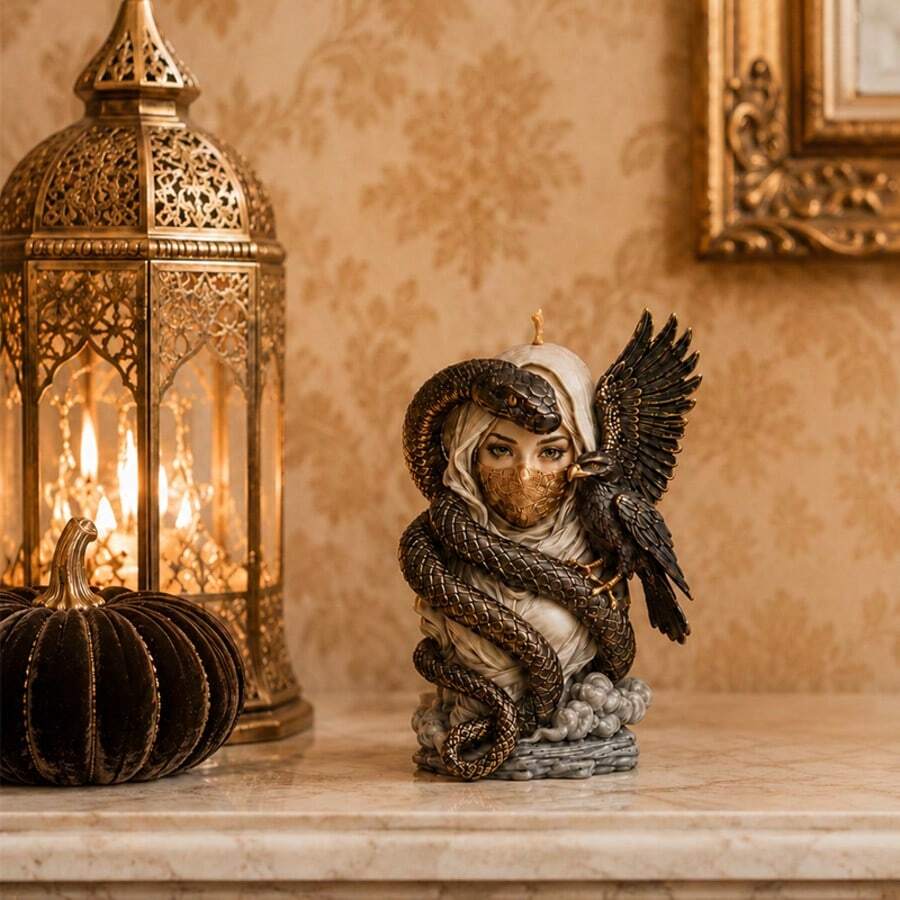 3D Veiled Goddess With Snake And Raven Silicone Mold, Mystical Dark Fantasy Candle Mold For DIY Resin Art, Exotic Figure Sculpture Mold For Halloween Desktop Decor - A - View 1