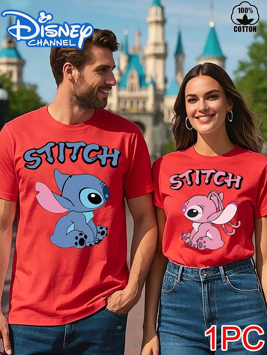 Lilo & Stitch Couple T-Shirts: Graffiti-Style STITCH Lettering Cartoon Print Couple Outfits,Family Matching Outfit,Disney Couple Outfits - Red - View 1