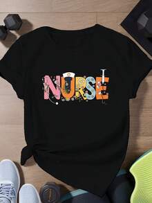 Plus Size Short-Sleeved Athletic T-Shirt For Nurses With Medical Symbols - Black - View 1