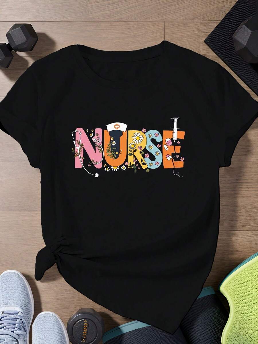 Plus Size Short-Sleeved Athletic T-Shirt For Nurses With Medical Symbols - Black - View 1