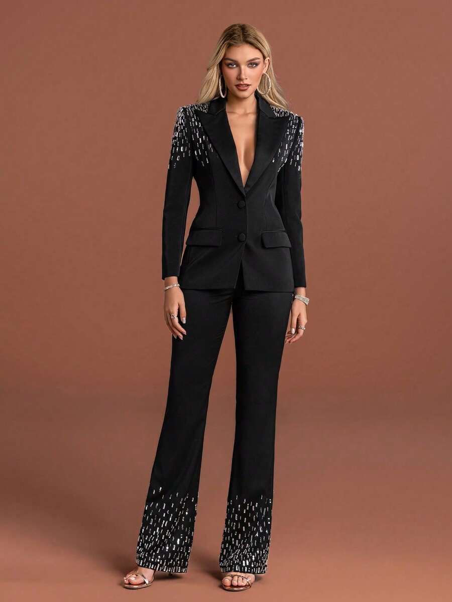 Women Black Sequin Embellished Collar Blazer And Bell Bottom Pants Suit Set With Buttons For Elegant Evening Wear