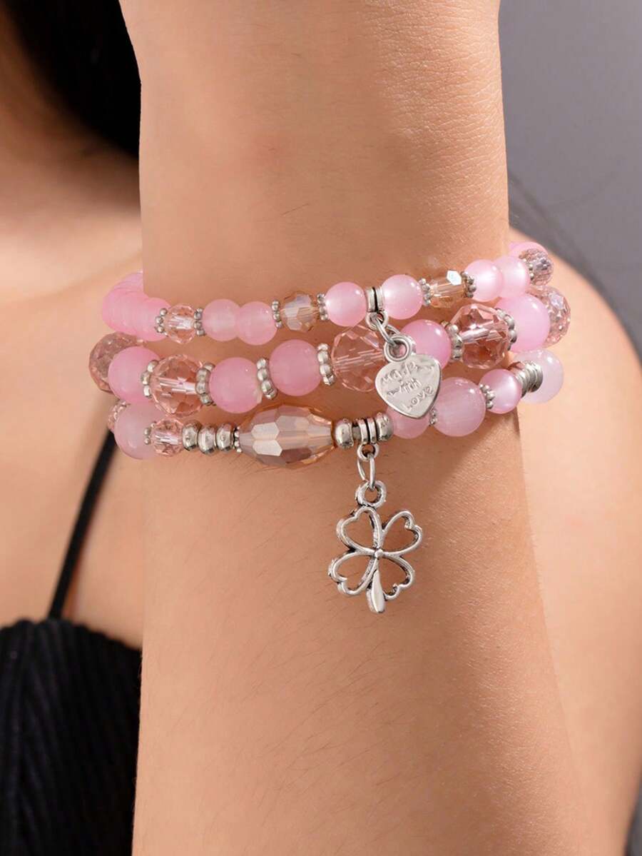 3er/Set mehrschichtige böhmische elastische Armbänder, modische Vierblattkleeblatt rosa Perlen süßer Schmuck - Pink - Übersicht 1