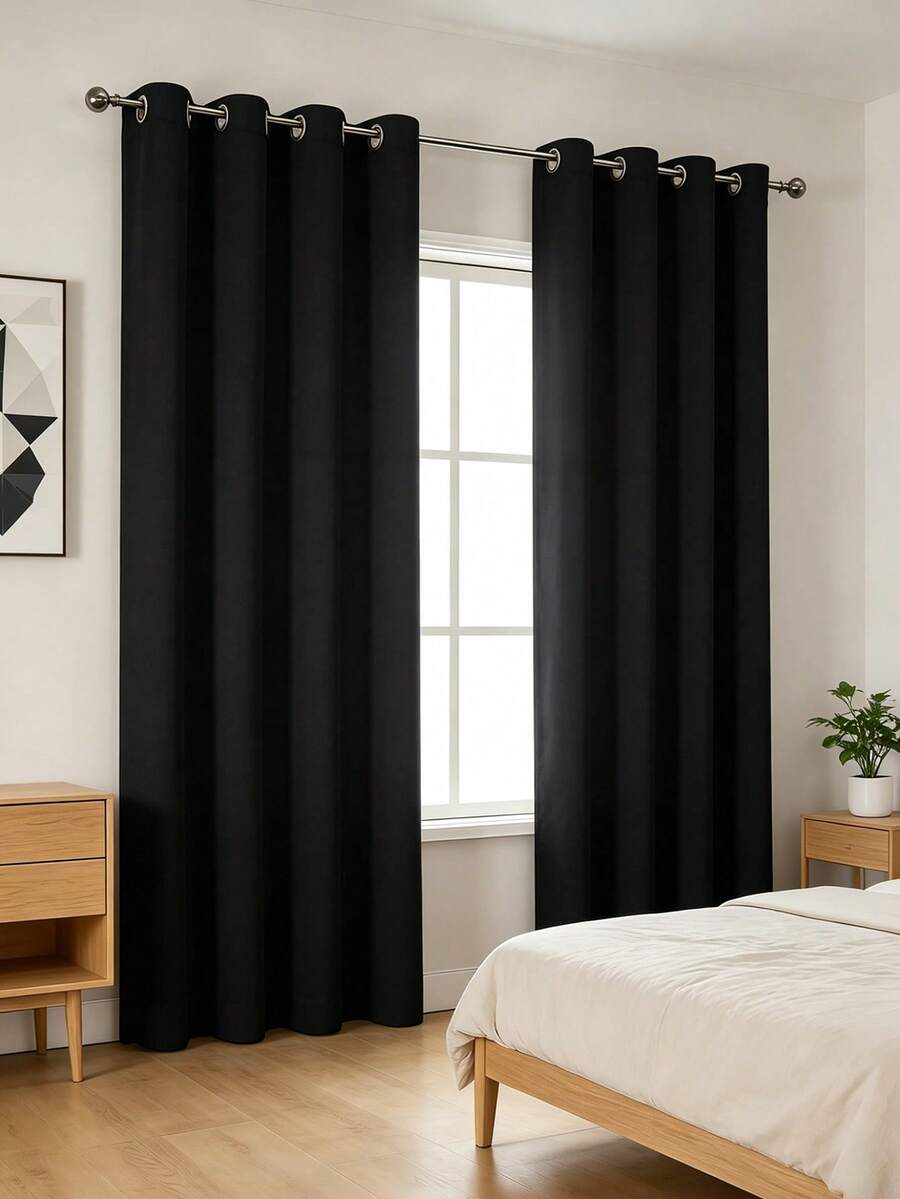 1 pieza/2 piezas Cortinas de unicolor/Cortinas de tela premium con triple tejido aislante y opacas/Cortinas con el mismo color por delante y por detrás/Cortinas con ojales superiores/Cortinas opacas y aislantes para sala de estar y dormitorio/Cortinas de decoración del hogar/Cortinas negras - Negro - Ver 1