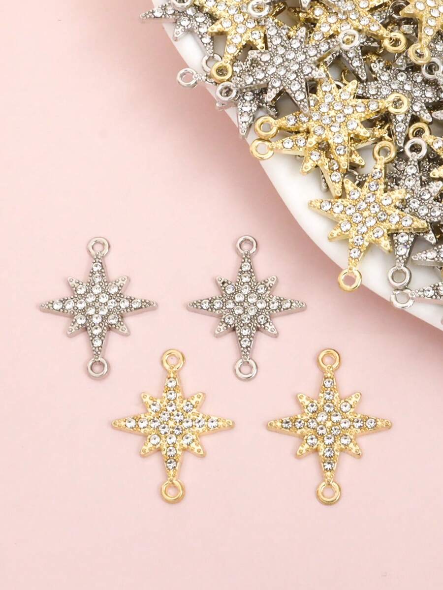 10pcs Light Luxury Rhinestone Inlay Shiny Eight-Pointed Star Connectors Fashion Necklace Bracelet Earrings Keychain DIY Double Rings Starburst Pendant