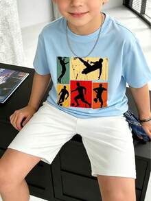 幼童男童寬鬆版型足球員剪影印花T恤，復古運動圖案短袖休閒夏季街頭穿搭上衣，淺藍色 - 淺藍色 - 查看 8