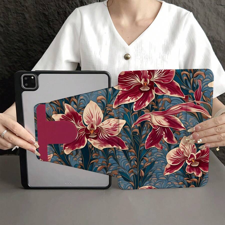 復古蘭花印花平板保護殼，附筆槽，自動睡眠/喚醒功能，相容 iPad 11(A16 2025)、5/5PRO/6/6PRO/7/7PRO、Matepad、Honor 平板 - 彩色 - 查看 1