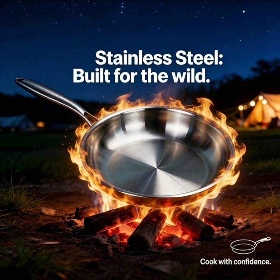 410 Stainless Steel Frying Pan, Non-Stick Surface, Induction & Gas & Open Fire Compatible, Camping Home Kitchen Restaurant Hotel Skillet